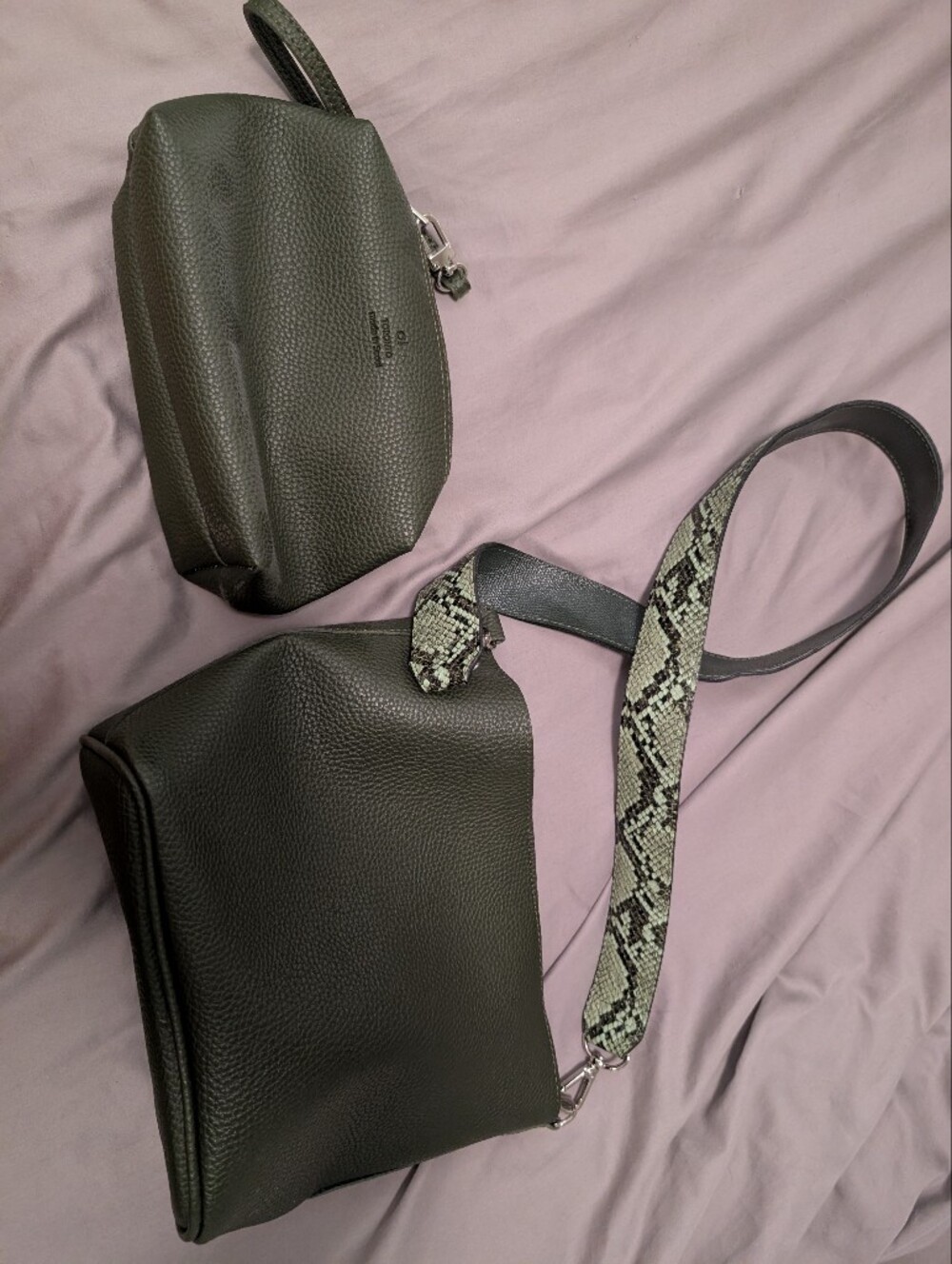 Olive Green Vegan Leather Crossbody Bag with Snake-Print Strap